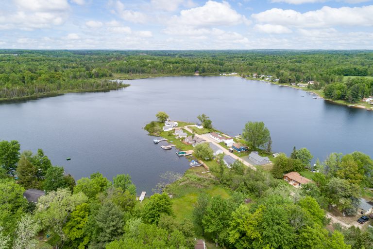 Aerial view of the lake and shoreline House in Reed City, Michigan — Lakeside Lodge Retreat, hosted by Roam