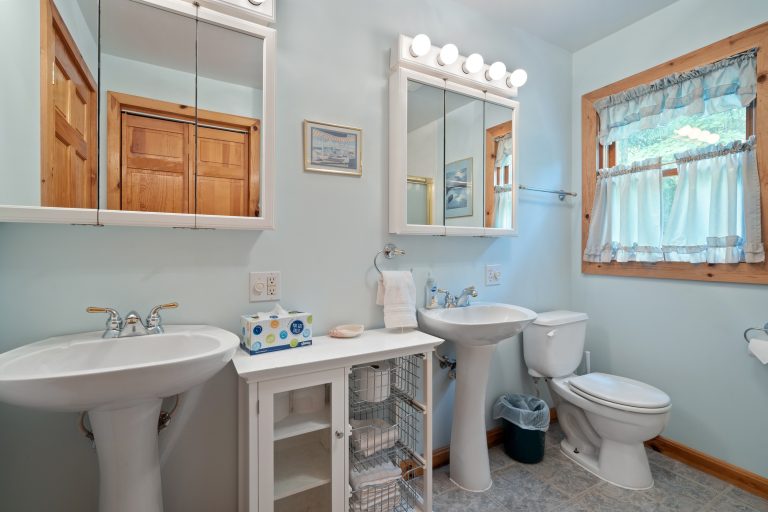 Dual pedestal sink bathroom in Reed City, Michigan house — Lakeside Lodge Retreat, hosted by Roam