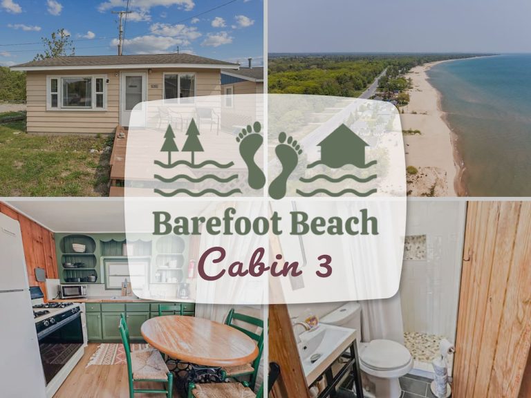 Photo collage of exterior, kitchen, and bathroom Cabin in Oscoda, Michigan — Barefoot Beach Cabin #3, hosted by Roam