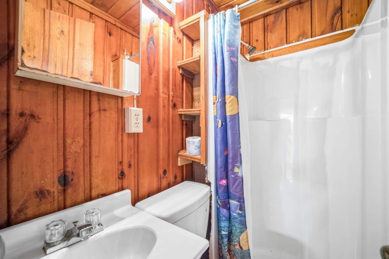 Wood-paneled bathroom with shower Cabin in Oscoda, Michigan — Barefoot Beach Cabin #4, hosted by Roam