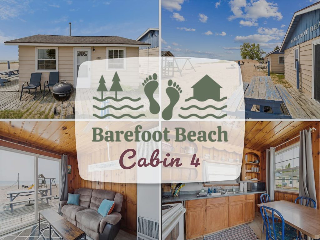Photo collage of the exterior and interior Cabin in Oscoda, Michigan — Barefoot Beach Cabin #4, hosted by Roam