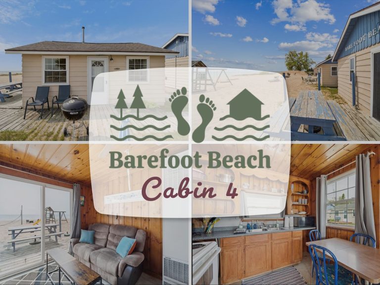 Photo collage of the exterior and interior Cabin in Oscoda, Michigan — Barefoot Beach Cabin #4, hosted by Roam