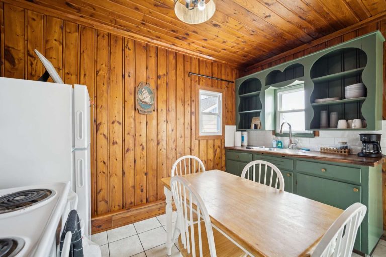 Kitchen with green cabinets, dining table Cabin in Oscoda, Michigan — Barefoot Beach Cabin #6, hosted by Roam